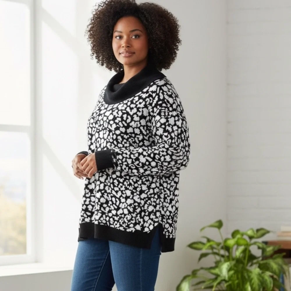 Emaline Sweater Black/White‎ Patterned Turtleneck in Size 1X, 2X, & 3X  NWT